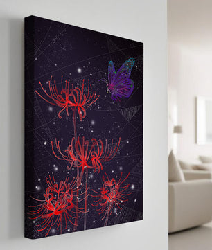 Vivid Night Sky with Red Spider Lilies and Purple Butterfly - Mi tienda