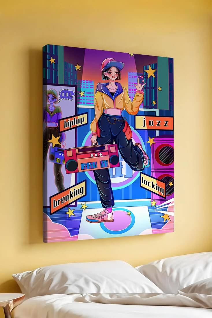 Colorful urban dance scene with hip hop and jazz elements