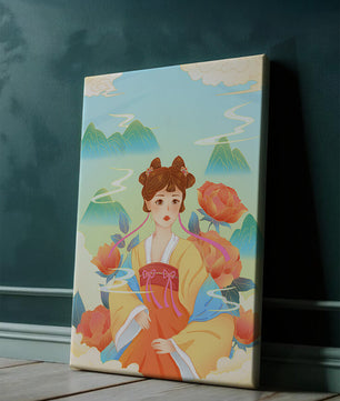 Traditional Asian Art with Woman in Hanfu Surrounded by Mountains and Peonies