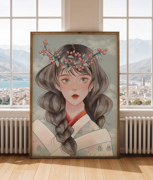 Illustration d'une jeune femme avec une coiffe florale sur fond de ciel nuageux