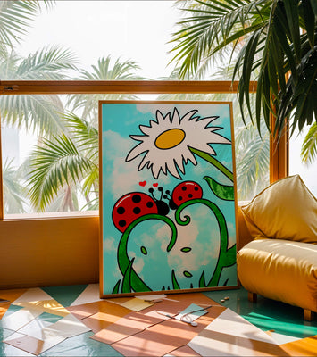 Ladybugs in love beneath a daisy on a bright sky