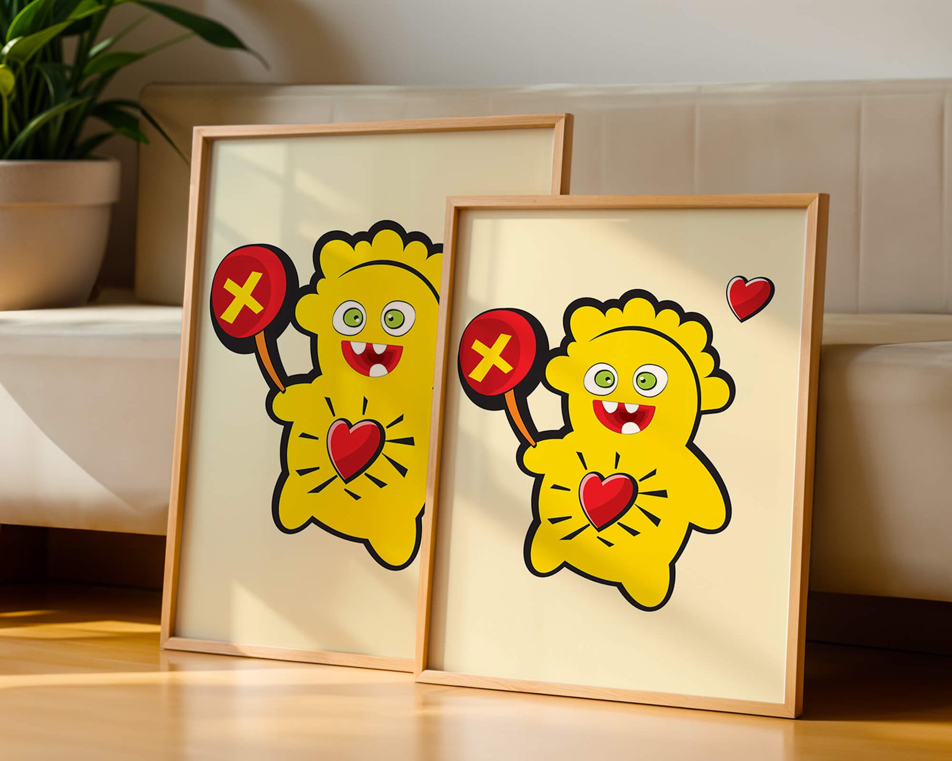 Colorful cartoon character with heart and playful design