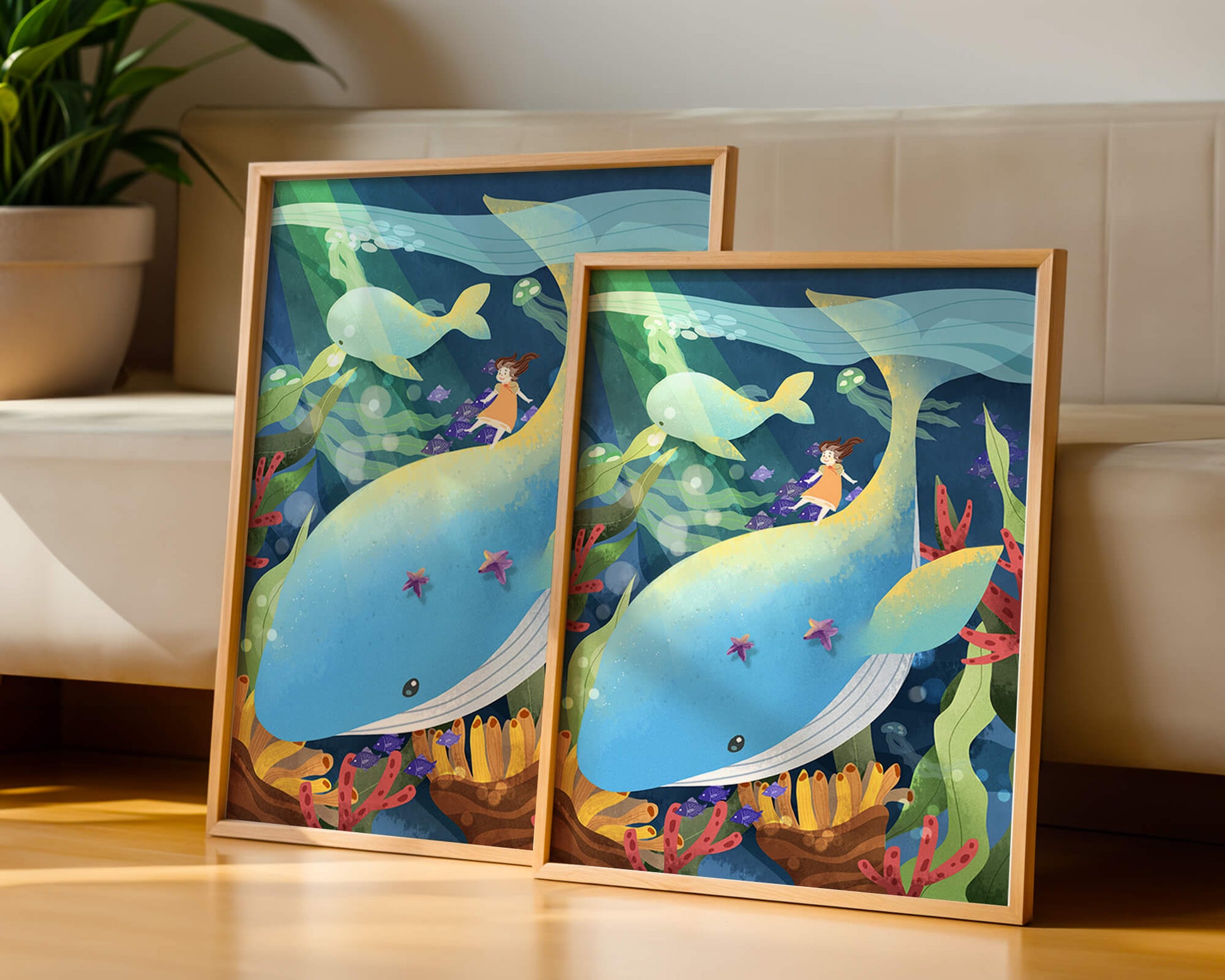 Fantasievolle Unterwasserszene mit einem Mädchen auf einem Wal und farbenfrohem Meeresleben