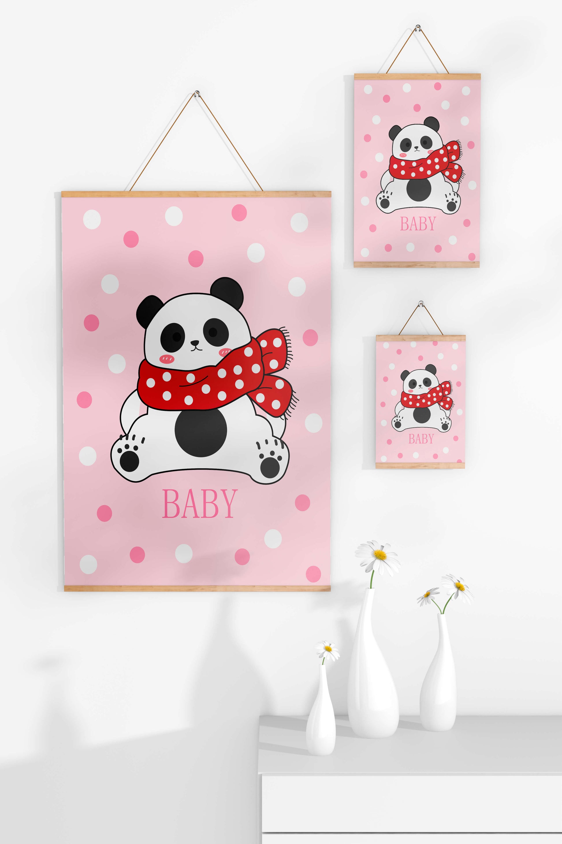 Cartoon panda with red scarf on pink polka dot background