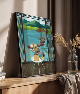 Scenic view from a room overlooking a tranquil water garden with stepping stones and mountains