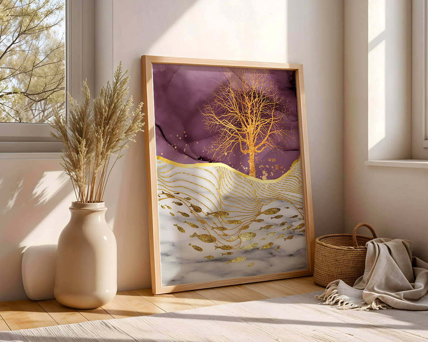 Abstract Tree with Gold Fish on Marble Background