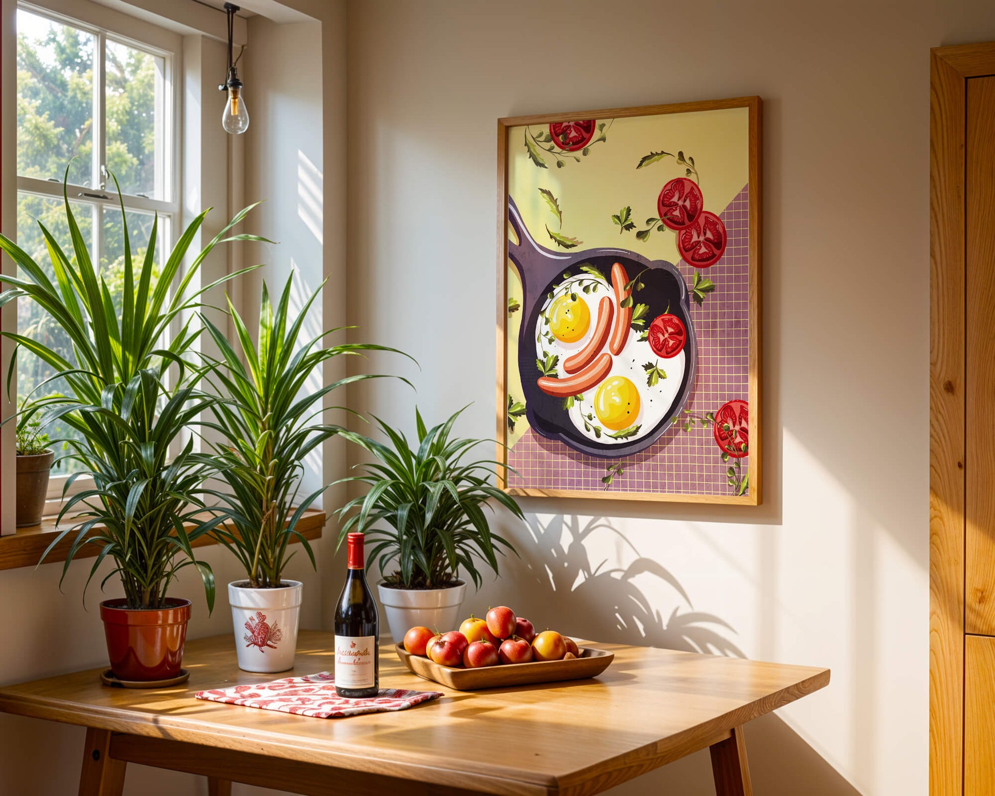 Fried Eggs and Sausages in Pan with Tomatoes and Herbs on Colorful Background