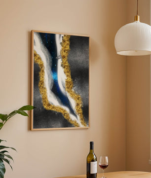 Abstract flowing design with gold, blue, and white textures