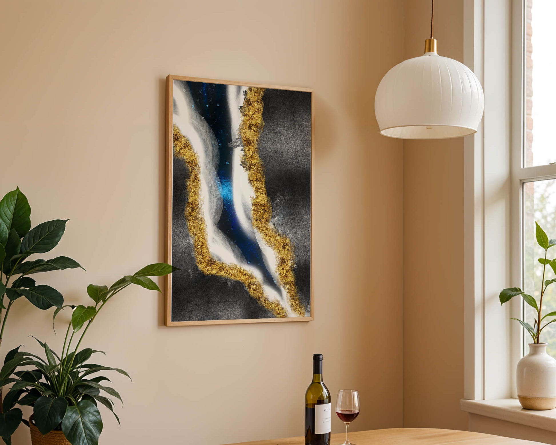 Abstract flowing design with gold, blue, and white textures