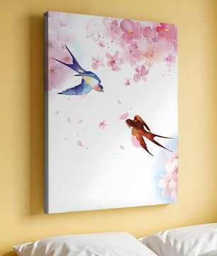 Pájaros coloridos y flores rosadas en una escena primaveral acuarelada