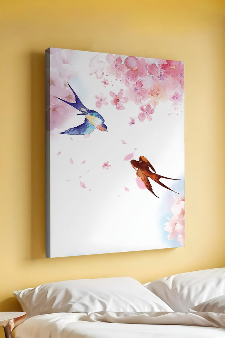 Pájaros coloridos y flores rosas en una escena primaveral de acuarela