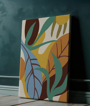 Abstract botanical design with colorful leaves and organic shapes