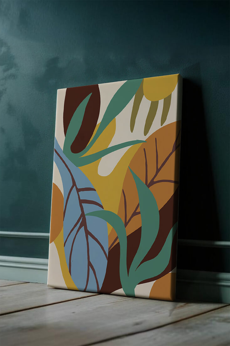 Abstract botanical design with colorful leaves and organic shapes