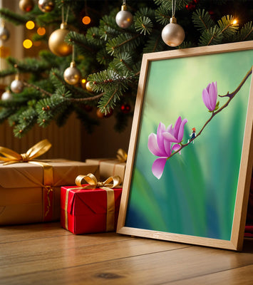 Serene illustration of magnolia flowers with a small figure in a hat