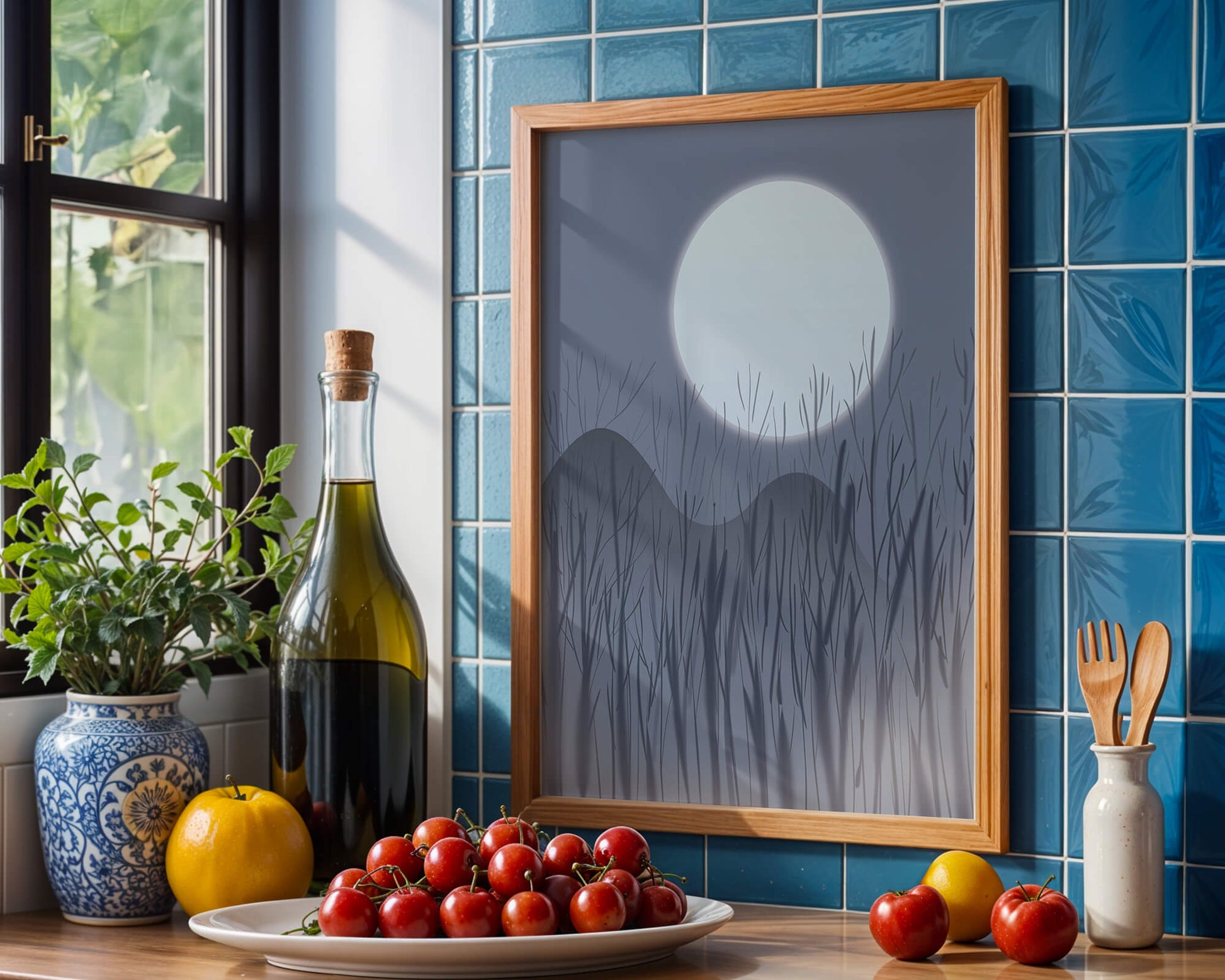 Ruhige Nachtlandschaft mit Vollmond und kahlen Bäumen