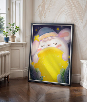 Sleepy rabbit with starry hat holding a glowing ball in a dreamy night scene