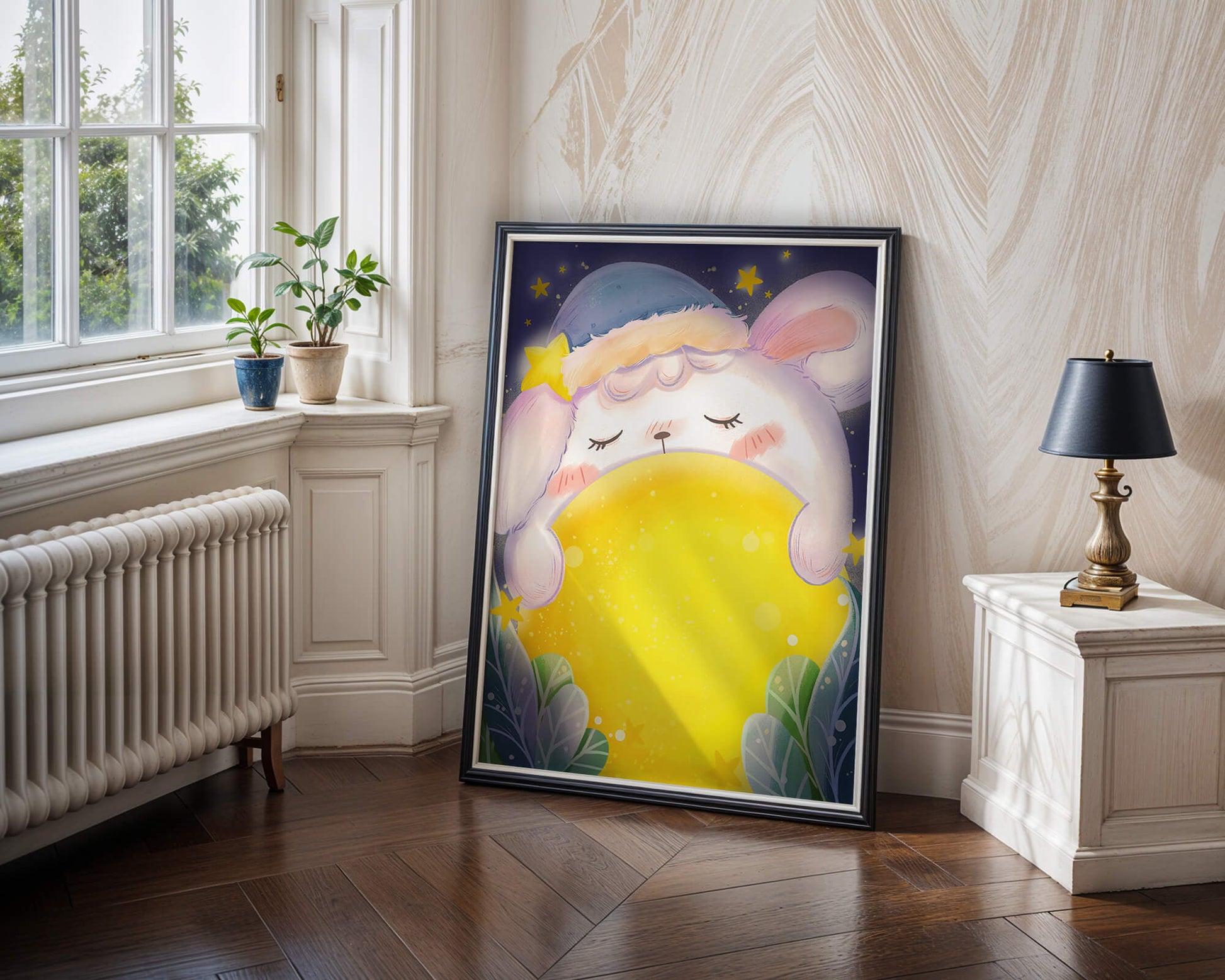 Sleepy rabbit with starry hat holding a glowing ball in a dreamy night scene