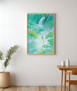 Serene pond scene with lotus leaves and waterfall