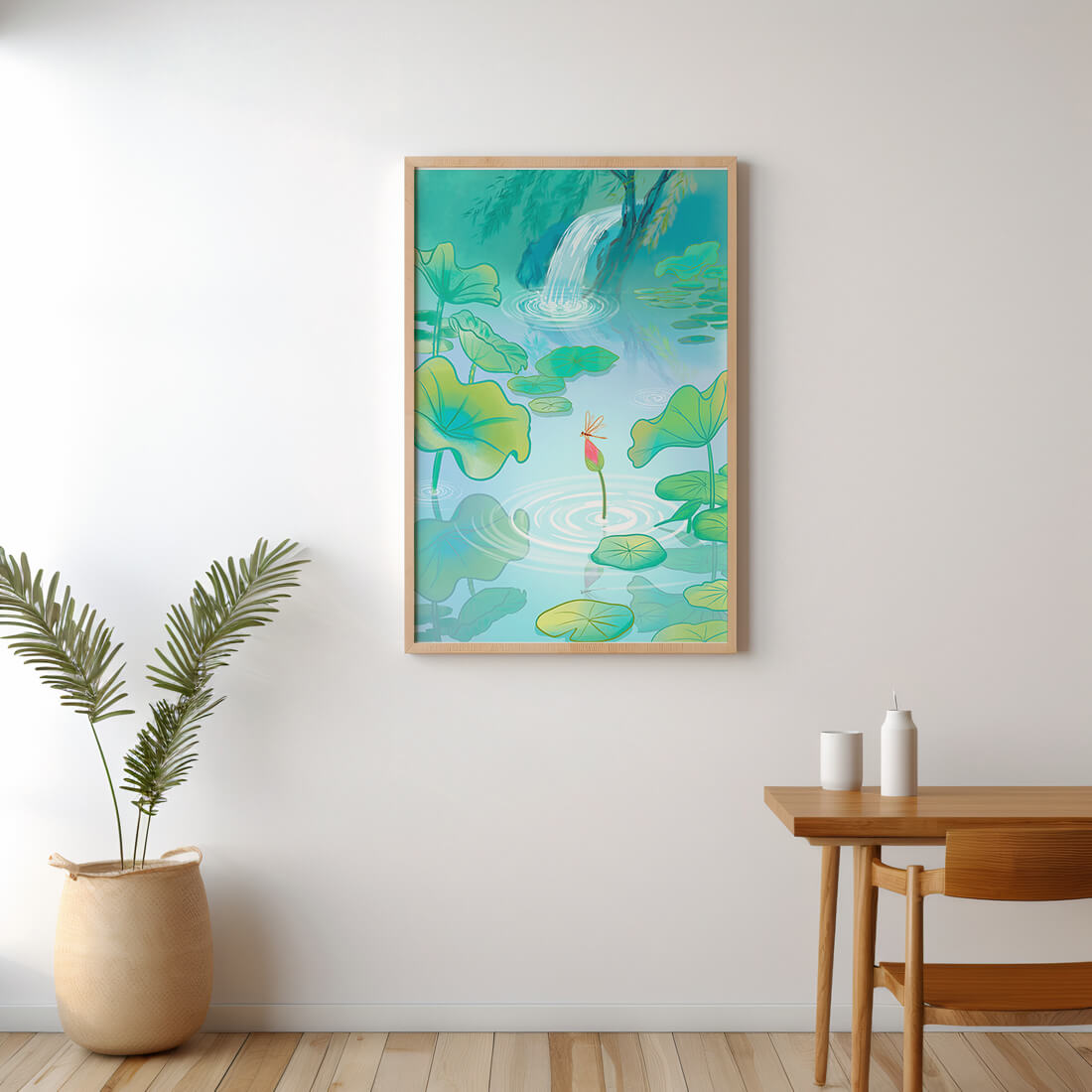 Serene pond scene with lotus leaves and waterfall