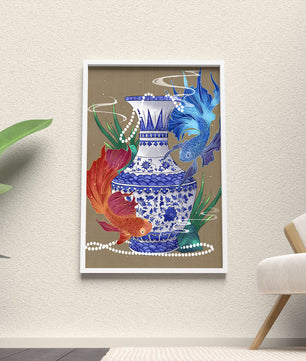 Jarrón de cerámica elegante con diseño de peces vibrantes y flores