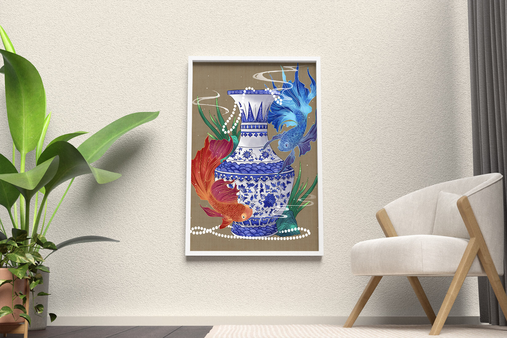 Elegant ceramic vase with vibrant fish and floral design