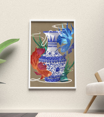 Elegant ceramic vase with vibrant fish and floral design