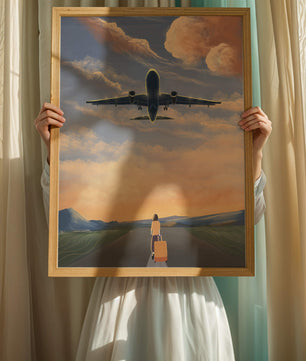 Serene airport departure with airplane and traveler at sunset