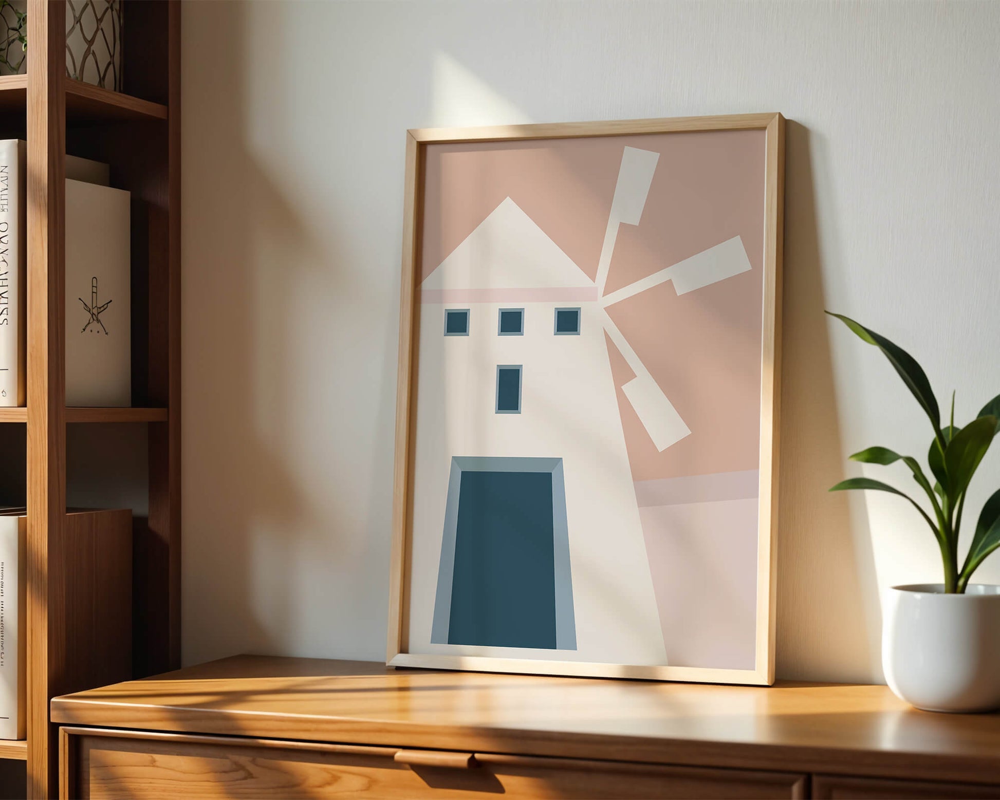 Minimalist geometric house illustration on pastel background