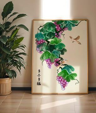 Watercolor grapevine and birds illustration with traditional art style