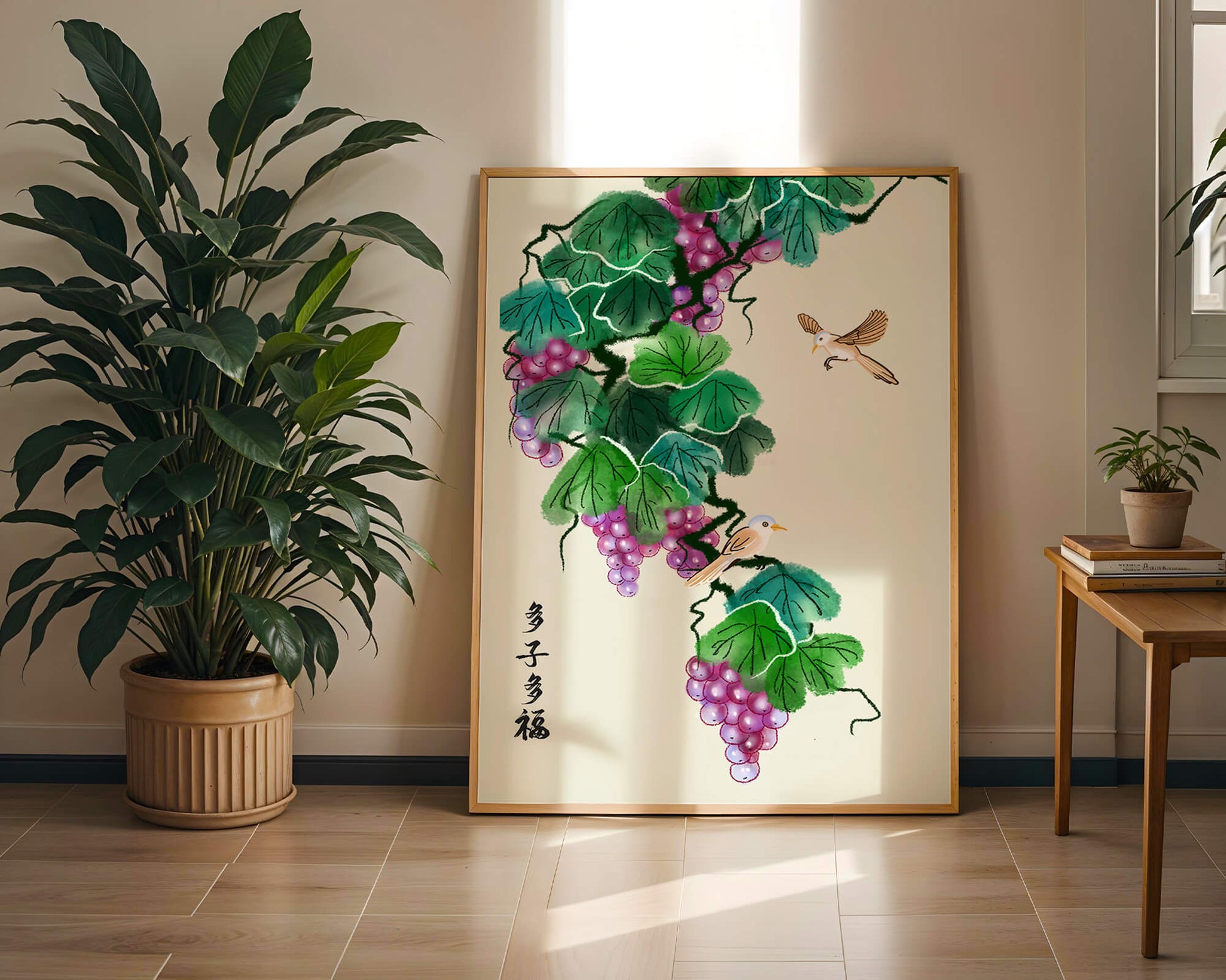 Watercolor grapevine and birds illustration with traditional art style