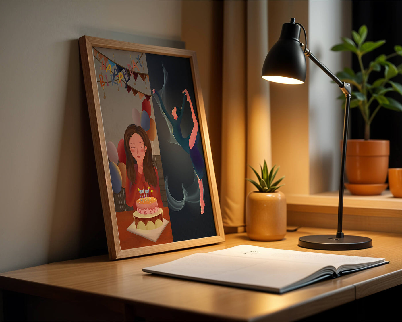 Birthday celebration illustration with cake and dancing figure