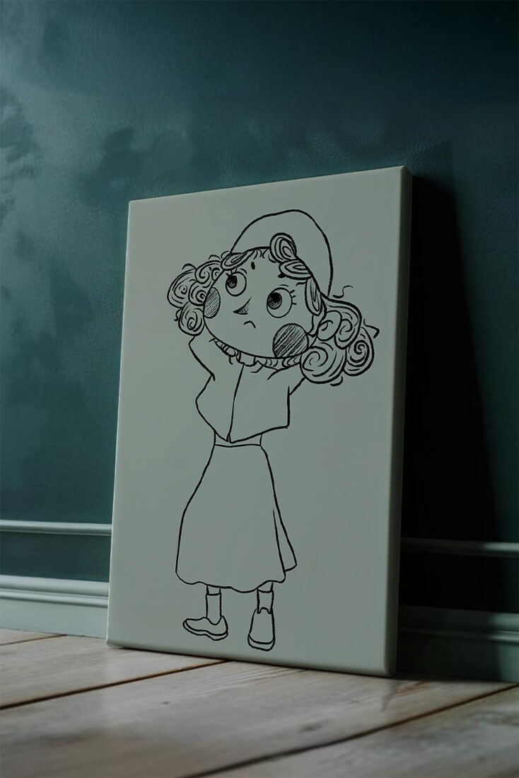 Ilustración a mano de un personaje de dibujos animados pensativo con cabello rizado y gorro