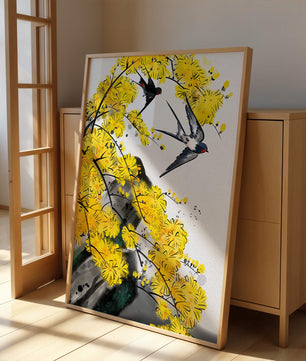 Representación artística de golondrinas entre flores amarillas vibrantes