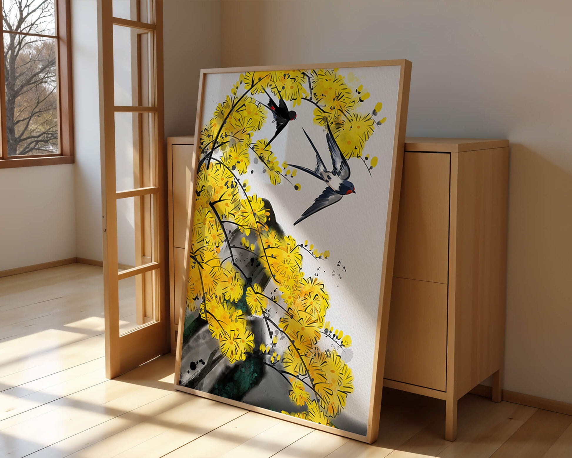 Artistic depiction of swallows amid vibrant yellow blossoms