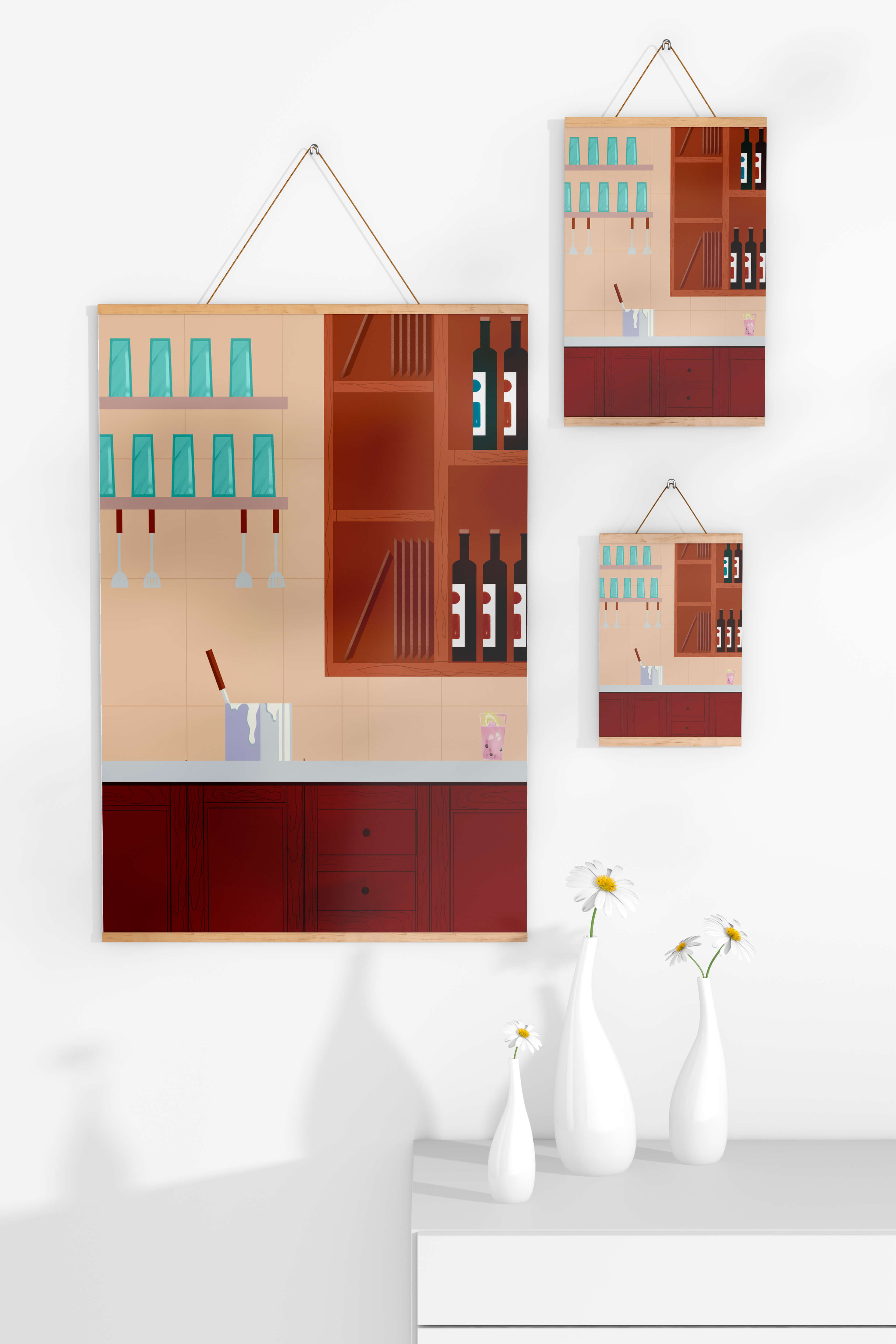 Modern kitchen interior with wooden cabinets and glass shelves