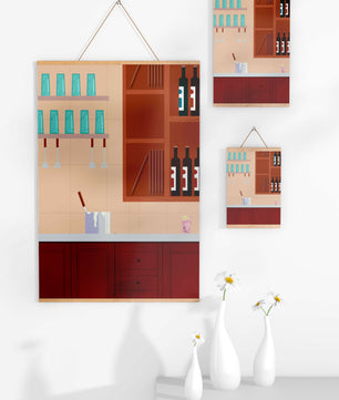 Interior de cocina moderna con gabinetes de madera y estantes de vidrio