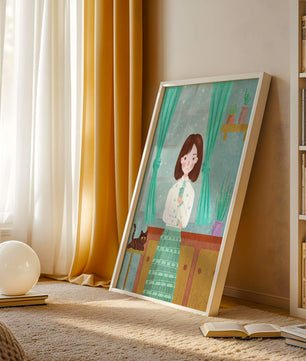 Charming Illustration of Woman and Cat in Cozy Living Room