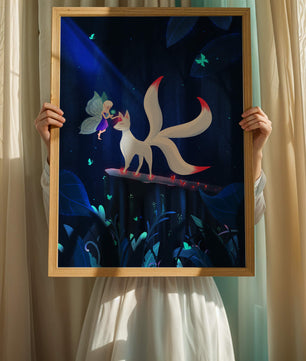 Enchanted forest with fairy and mystical creature under moonlit sky