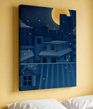 Night Urban Skyline Under a Starry Sky with Bright Full Moon