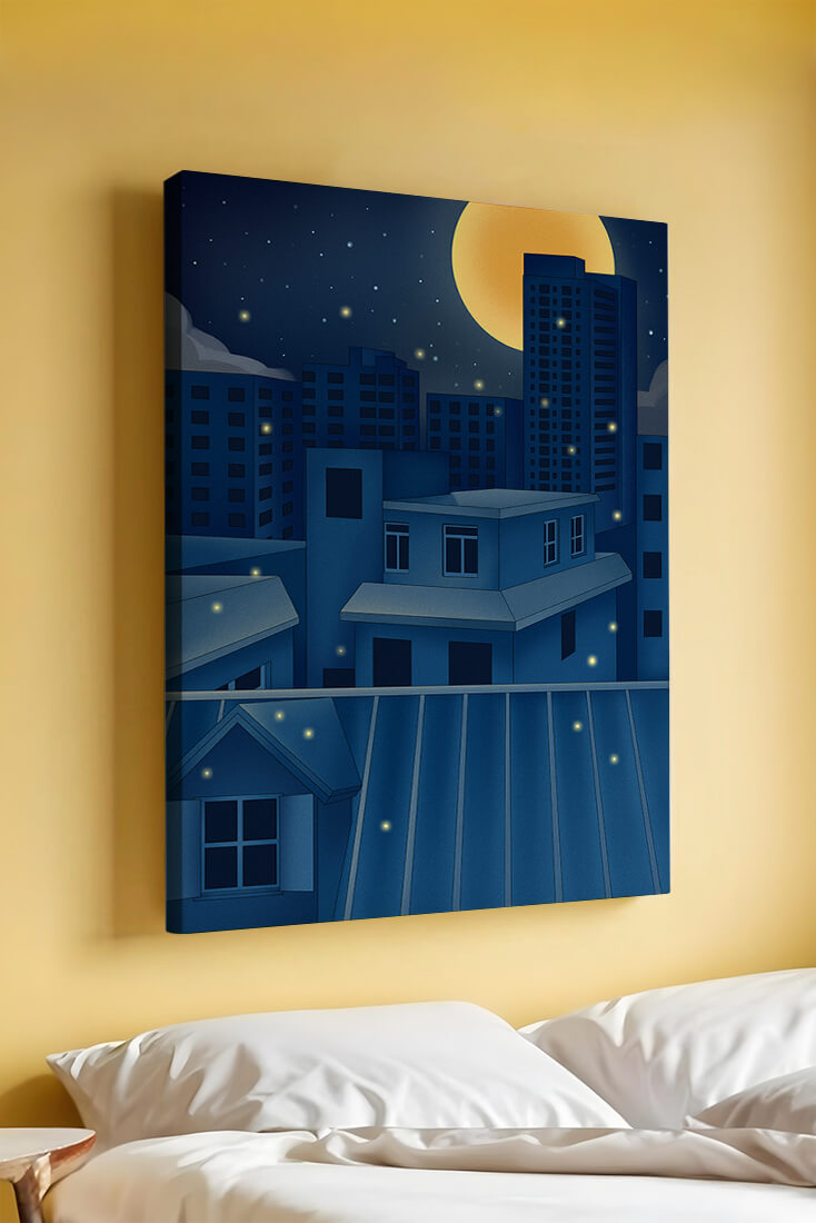 Skyline urbano nocturno bajo un cielo estrellado con una brillante luna llena