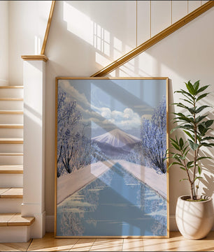 Serene winter landscape with mountain and snowy trees reflecting in water