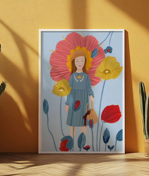 Fille dans un pays des merveilles fleuri avec des couleurs pastel et des fleurs vibrantes
