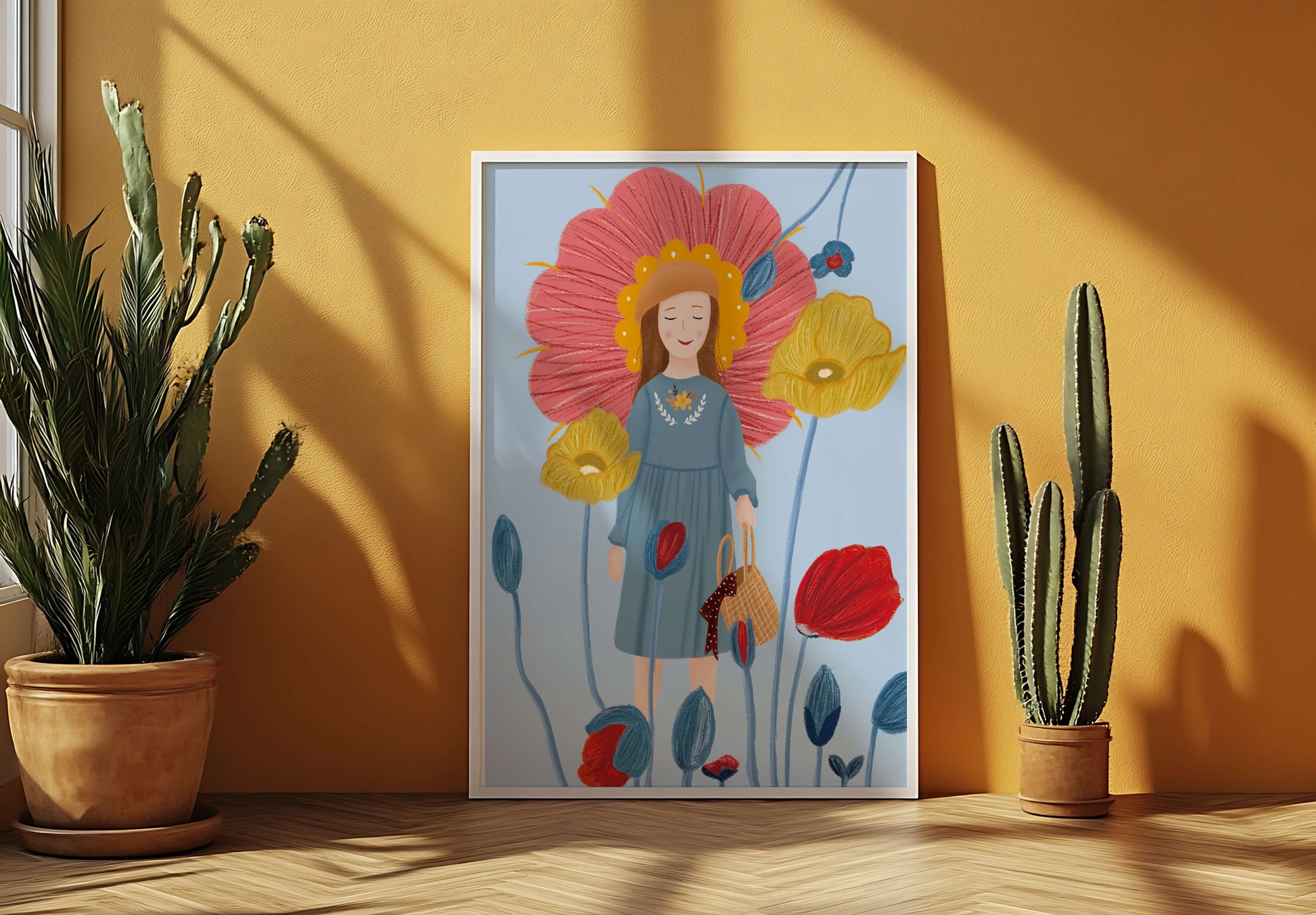 Fille dans un pays des merveilles fleuri avec des couleurs pastel et des fleurs vibrantes