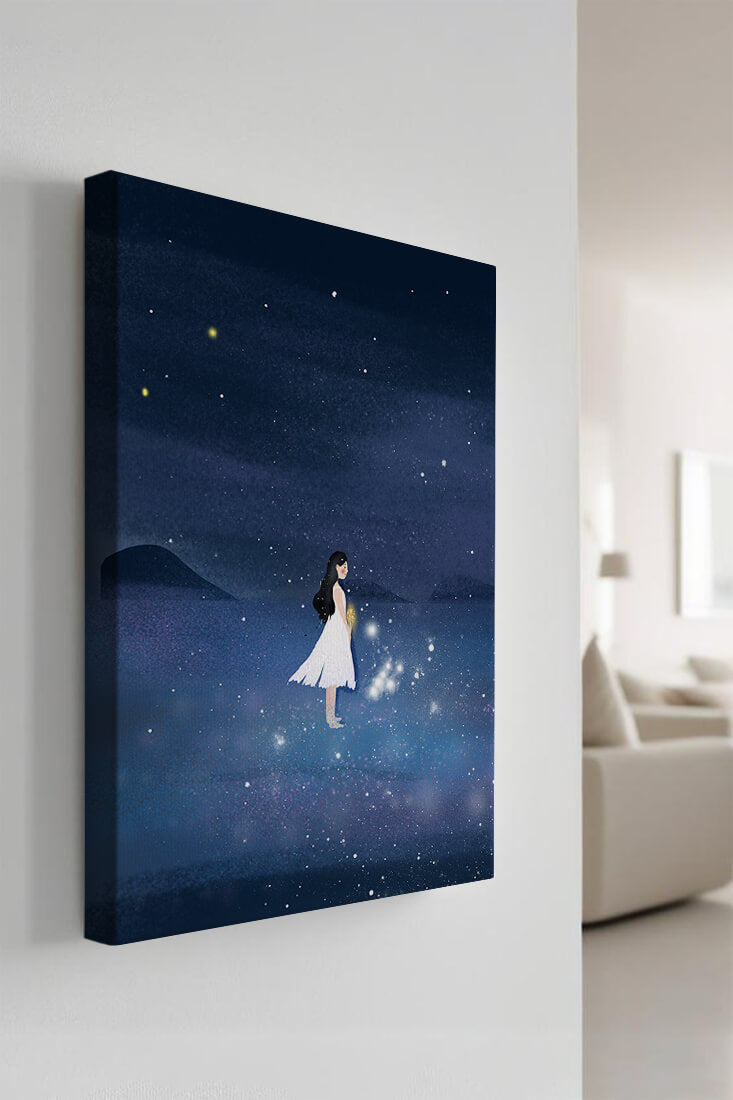 Girl in White Dress Gazing at Starry Night Sky