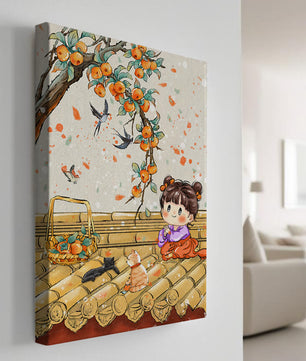 Charming illustration of a child with cats on a rooftop beneath a fruit tree