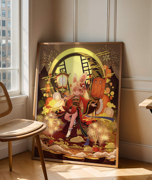 Festive celebration with a lantern-carrying character amidst fireworks and moonlight