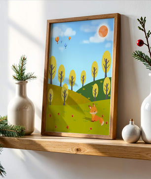 Whimsical landscape with hot air balloons and a fox in autumn scenery