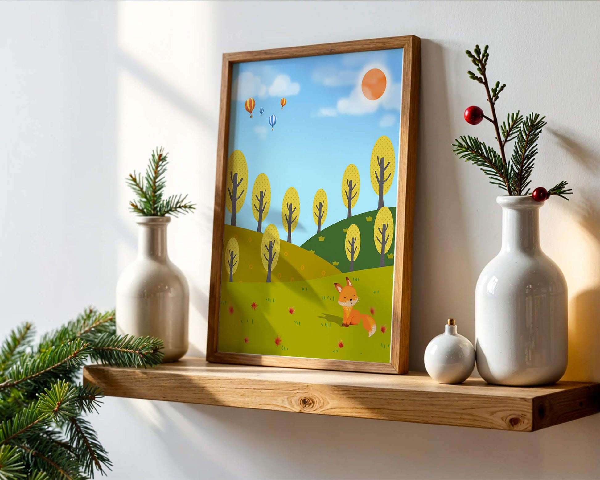 Whimsical landscape with hot air balloons and a fox in autumn scenery