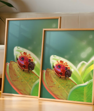 Ladybug on Leaf with Dew Drops in Serene Nature Setting - Mi tienda