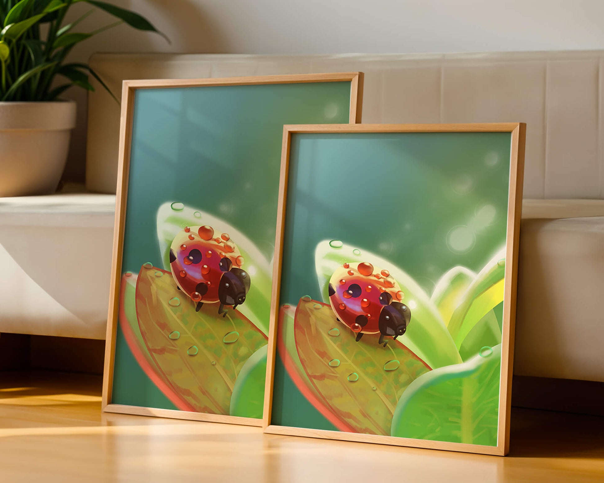 Ladybug on Leaf with Dew Drops in Serene Nature Setting
